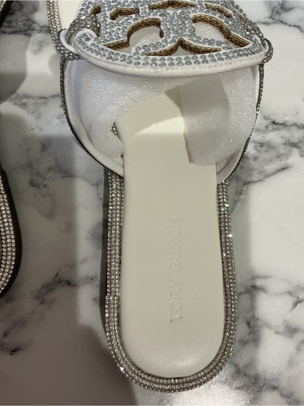 Tory Burch White and Silver Crystal Logo T‑Strap Sandals - Picture 3 of 4